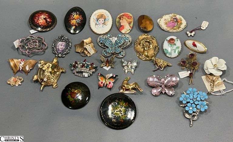 Pins, Russian Hand Painted and Some Signed, Flowers, Butterflies, Horse Themes image