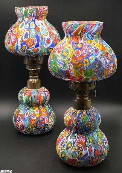 Pair Murano Millefiori Art Glass Oil Lamps - 12" of each image