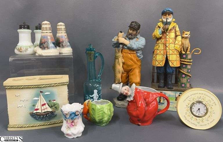 Jim Shore Fisherman Figurine, Mary Gregory Style Cruet, Royal Bayreuth Creamer, Thomas Kinkade Salt and Peppers, Misc - 11" - Pot has visible repair image