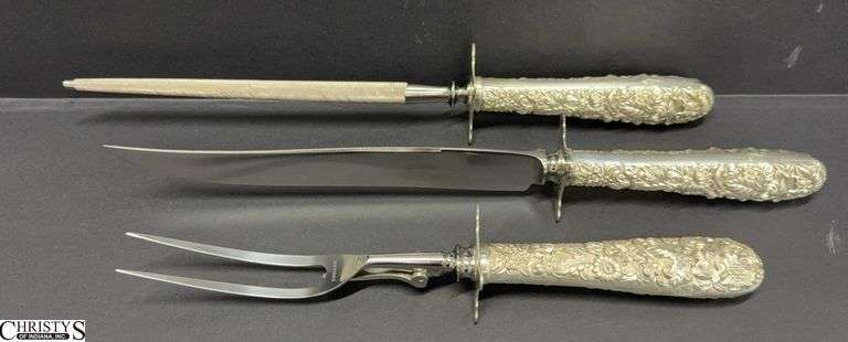 S. Kirk & Son Inc Sterling Handle Serving Fork, Knife and Sharpener Overall 13.5" Longest image