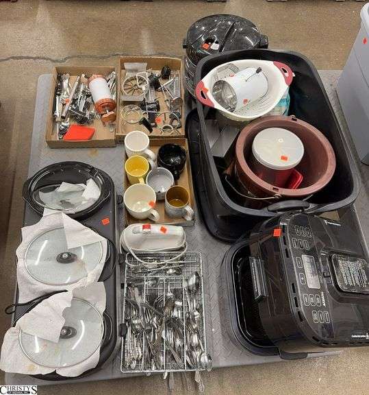 Triple Crock Pot Buffet, Utensils, Nuwave, Hand Mixer Recipe Books, SKID NOT INCLUDED image