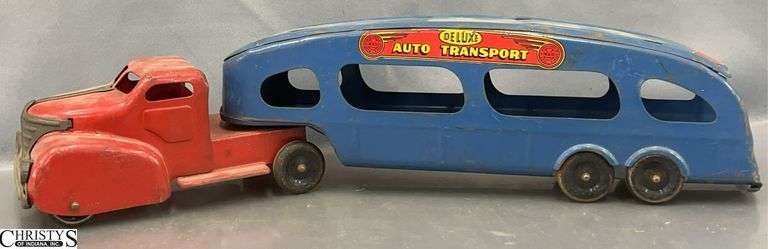 MARX Metal Deluxe Auto Transport Truck and Trailer, Overall 22", Slight Bends and Some Wear image