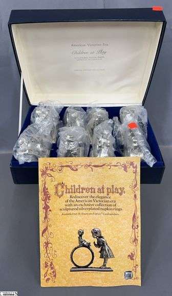 American Victorian Era Children at Play Silver Plated Napkin Ring Set In Case image