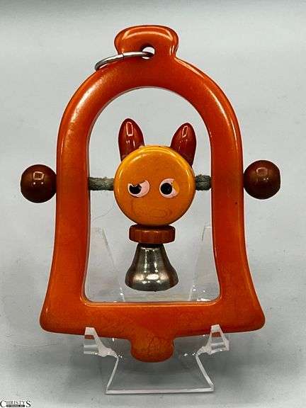 1940's Kitty In Bell Ringing Bell, Bakelite Butterscotch and Caramel, Some Paint Wear 3.5x4" image