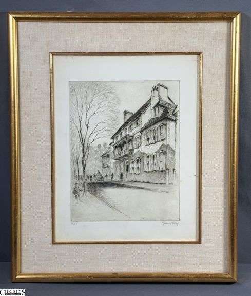 Frederick Polley Signed Indiana Artist Framed Street Scene Etching 5 of 15 - 14.5" x 17" of frame image