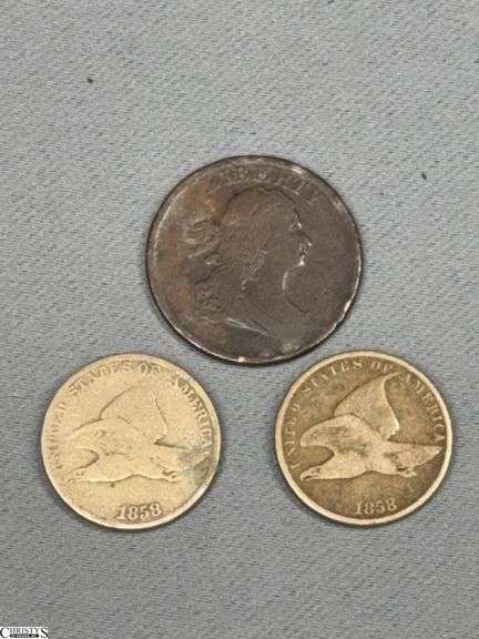 Two 1858 Flying Eagle Cents and a Draped Bust Type Half Cent Coin (date is hard to read) image