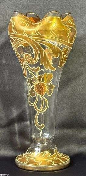 Moser Antique Gilt Decorated Hand Blown Vase - 12.5" - some minor finish loss image