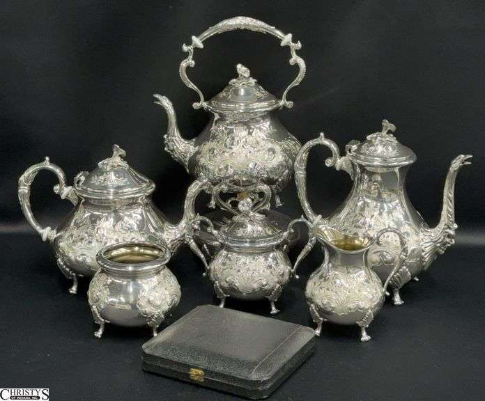 John Turton Hand Chased Silverplate Tea/Coffee Service - 6pcs and 6 Fruit Motif Spoons - 13" of tallest image