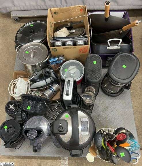 Kitchen Appliances, Mr Coffees, Instant Pot, Food Processor, Iron, Woks, Hand Mixer, Utensils, Baking Pans Skid Not Included image