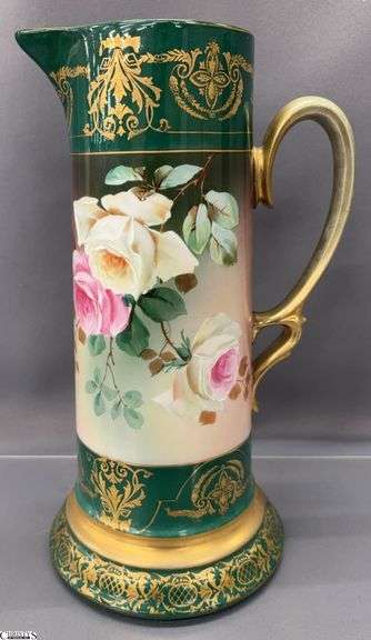 Antique Hand Painted Floral Porcelain Ewer 13" - some minor finish loss image