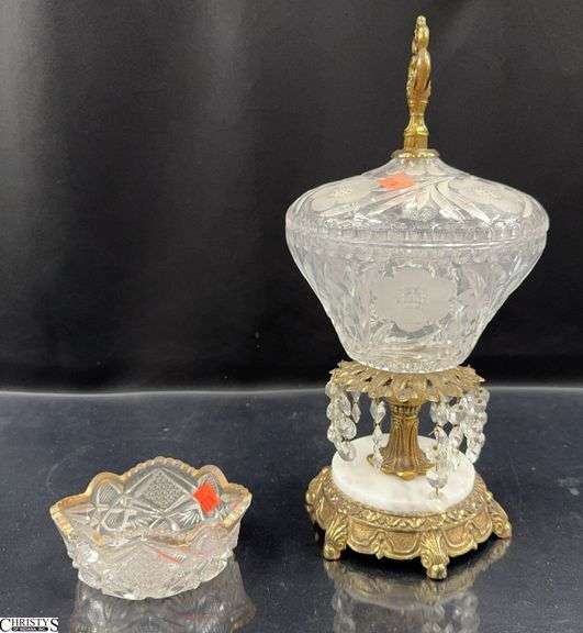 Vintage Crystal, Brass and Mineral Candy Dish, and Gold Rimmed Bowl, Overall 13.5" image