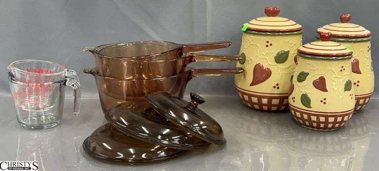 Visionware Glass Pans, Pyrex and Anchor Hocking Glass Measuring Cups, 3 Ceramic Canisters - 9" image
