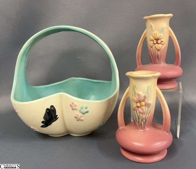 Hull Pottery Basket and Candlestick Pair - 3pcs - 8" x 8" of basket image