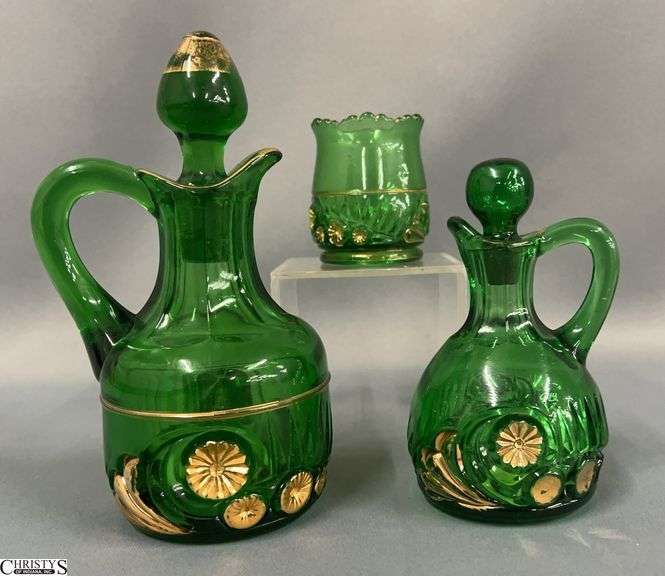 EAPG Riverside Glass Works Croesus Cruets and Toothpick - 3pcs - 7" of tallest image