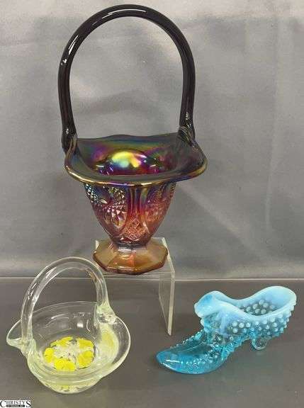Fenton Hobnail Shoe, Carnival Basket, St. Clair Paperweight Basket - 10" of tallest - 1 appears slightly UV reactive image