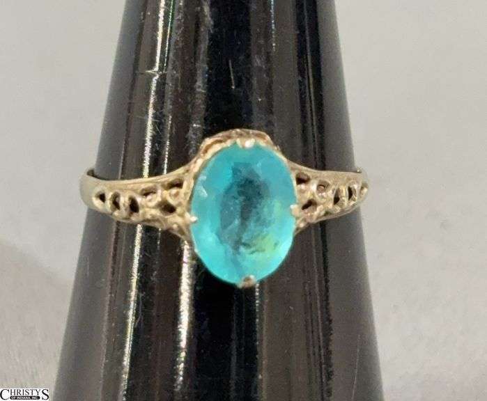 14K Gold Filigree Ring w/ Blue Tone Stone - Size 6 image