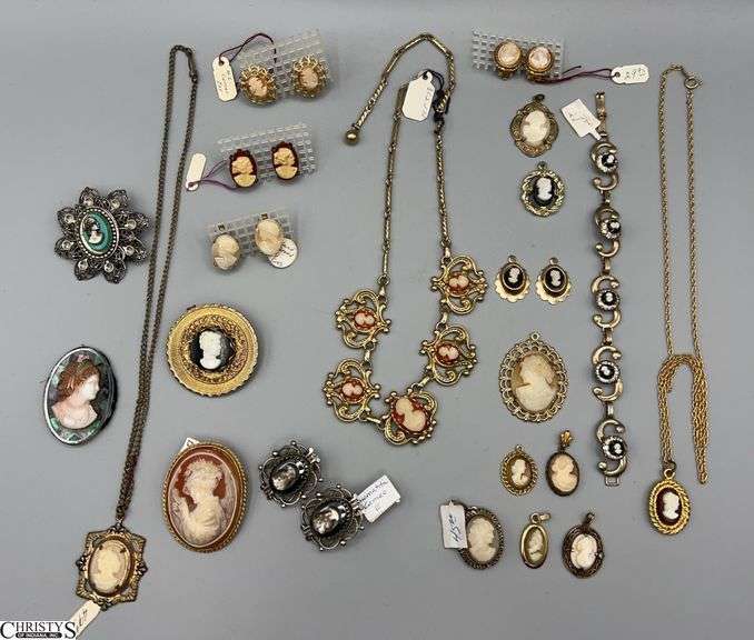 Costume Vintage Cameo Pieces, GF and Sterling Marked Bracelets, Necklaces, Pendants, Clip On Earrings image