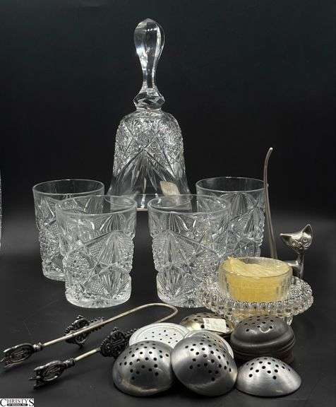 Cut Glass Bell (no clapper), 4 Tumblers, Castor Tongs, Shaker Lids - 7" of bell image