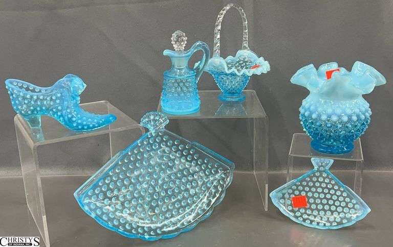 Hobnail Blue Opalescent Dishes, Fan Trays, Bottle, Ruffle Edge Vase and Basket, Boot, Vase 5x5" image