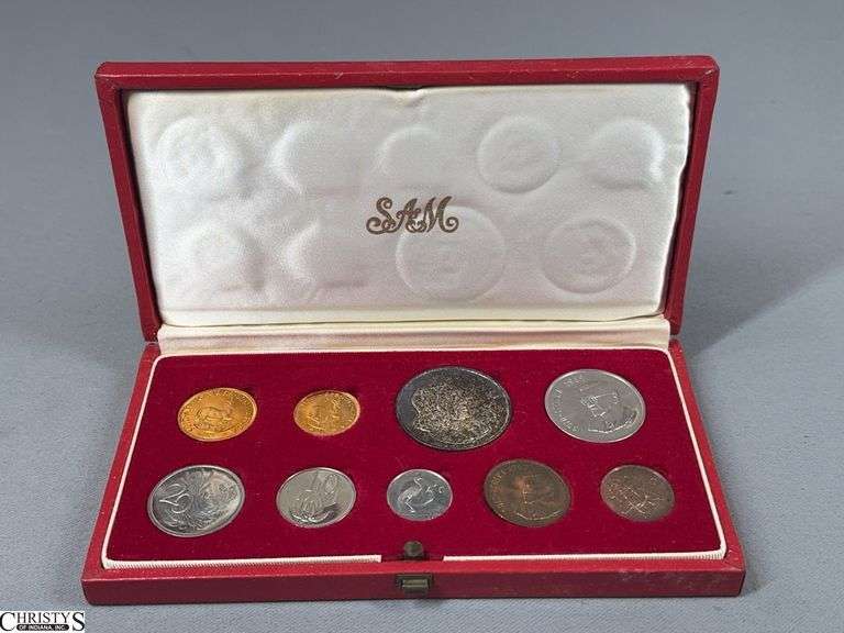 1968 Samoa / Western Samoa Official Proof 9 Piece Coin Set in It's Original Red Case with SAM (South African Mint) Embossed on the lining.  This set includes 9 Coins  One Gold 2 Rand Coin and One Gold 1 Rand Coin image