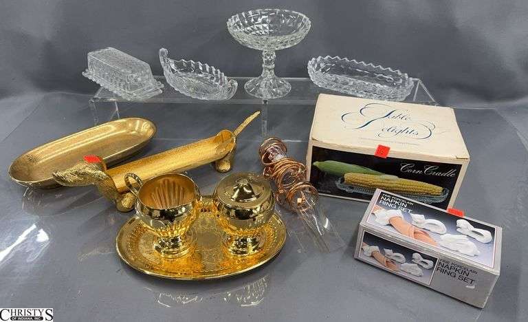 Assorted Serveware - Dachshund Holder and Spreader, Cream and Sugar, Napkin Rings, Corn Cob Dishes, Misc - 12" of largest image