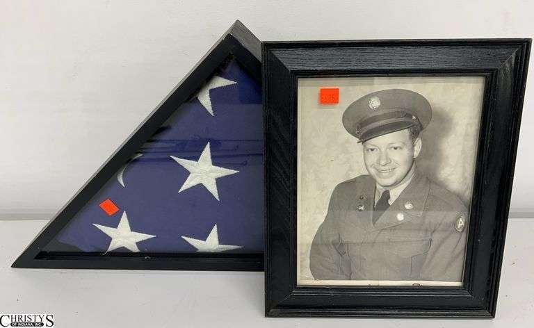 Memorial Folded Flag and Black and White Soldier Photo 13x11" image