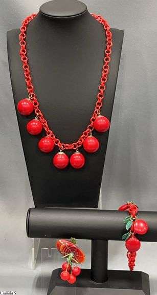 Vintage Pin With Cherries and Red Cherries on Plastic Chains, Necklace and Bracelet image