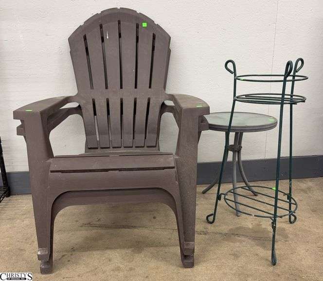 2 Plastic Adirondack Chairs, Glass Top Side Table, Metal Stand - 29" x 35" of chair image
