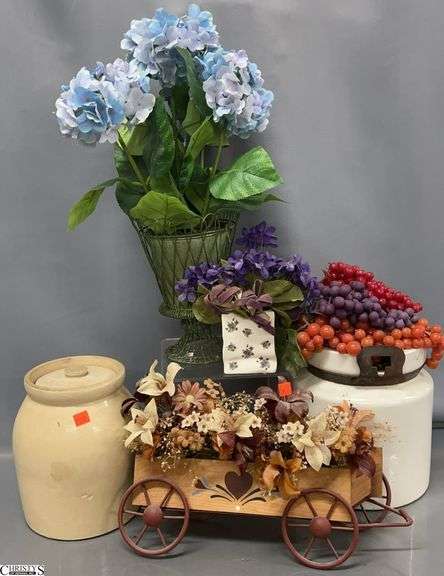 2 Crocks and Artificial Fruit and Floral - 10" of tallest crock image
