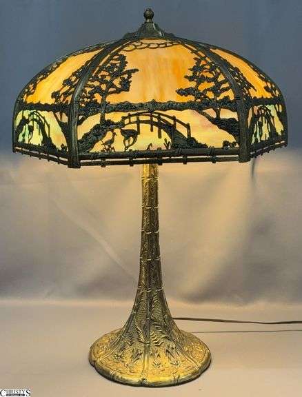 Aesthetic Movement Brass Table Lamp w/ Scenic Slag Glass Shade - 25" T - 9" x 17" of shade image