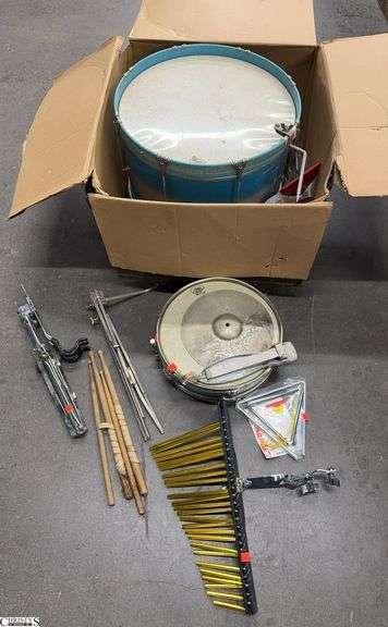 Ludwig Bass and Snare Drum, Bar Chimes, Drum Sticks - Wear from use and storage - 21" x 15" of bass drum image