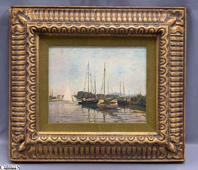 Small Print on Board of Boats on Water, 15x17" image