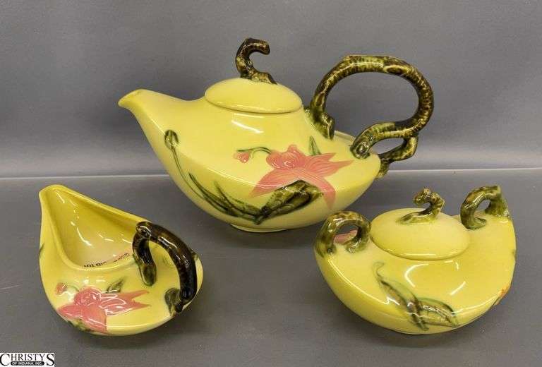 Hull "Woodland" Pottery Teapot, Cream, and Sugar - 11" of teapot image