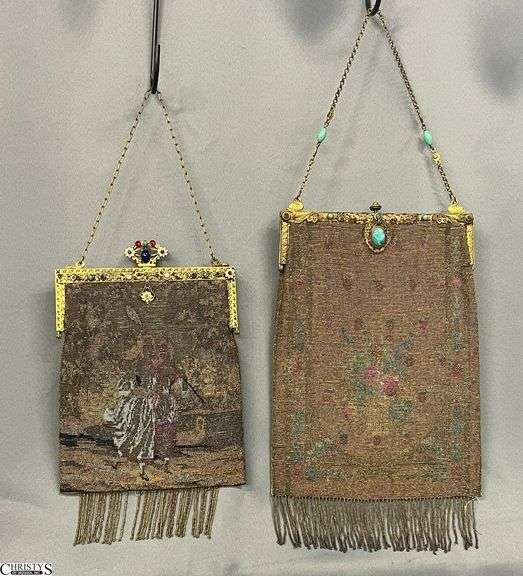 2 Early 1900's Micro Beaded Deco Flapper Purses - 8" x 21" of largest - both show wear, missing fringe, frayed lining image