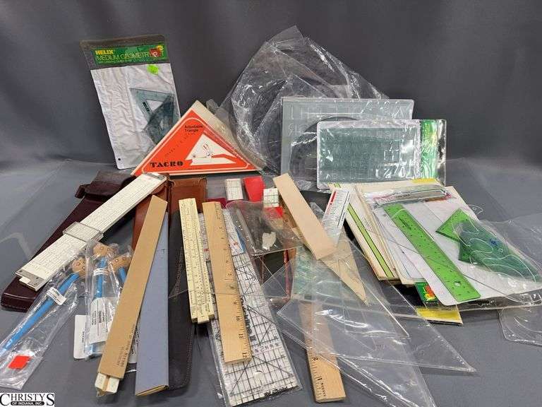 Protractors, Adjustable Triangle, Slide Rulers, Moon and Various Maps, Pencils, Misc - 18" of largest ruler image