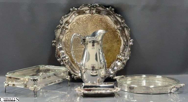 Silverplate Pitcher, Serving Trays, Casserole Base, Butter Dish - Wallace, Poole, and Others  - 15" D of largest image