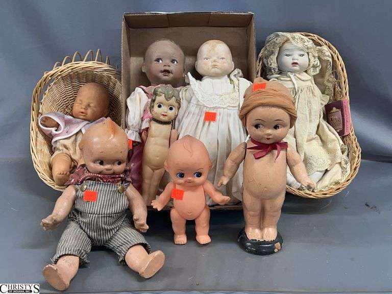 8 Dolls - Kewpie Style and Other - 12" approx of largest - some wear/finish wear image