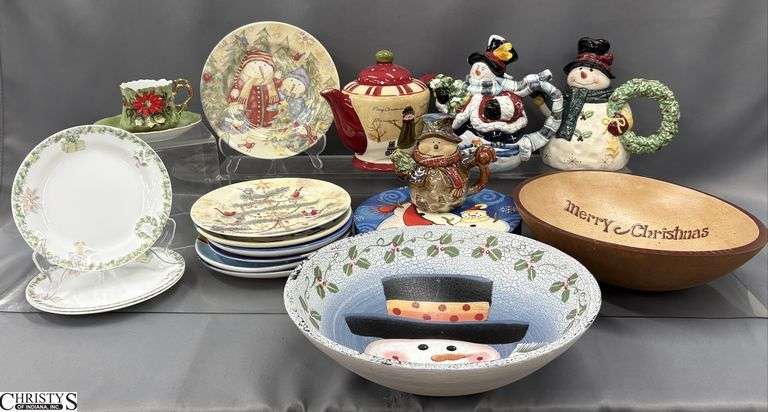 Snowman Theme Teapots, Plates, Wood Decor Bowls - 12" D of largest image