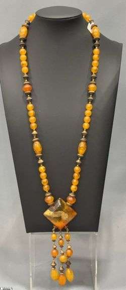 Vintage Apple Juice and Similar Translucent Color Beaded Necklace With Drop Dangles 5.5" Pendant image