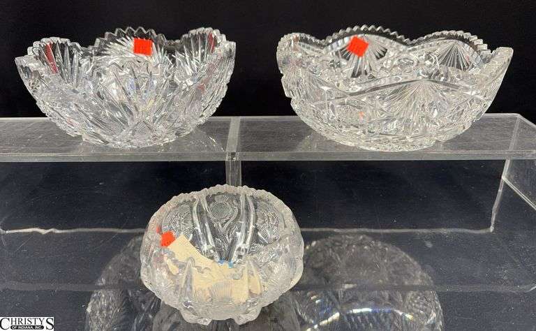 3pcs Two Large Cut Crystal Bowls, and Small Preserves Dish, Larger 8x3.5" image