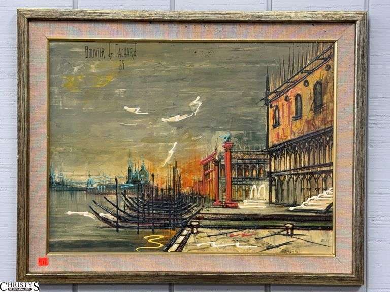 Mid Century Modern Textured Print On Board by Bouvier de Cachard, Has Some Flaws and Wear to Frame image