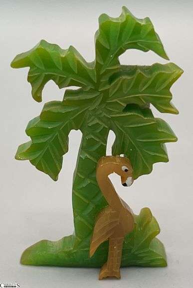 Signed Jim Foltz Green Bakelite Palm Tree With Flamingo Brooch 2.5" image