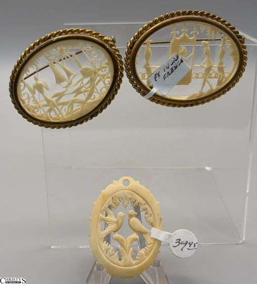 Celluloid Carved Pins 2" Wide, and Carved Bone Pendant image