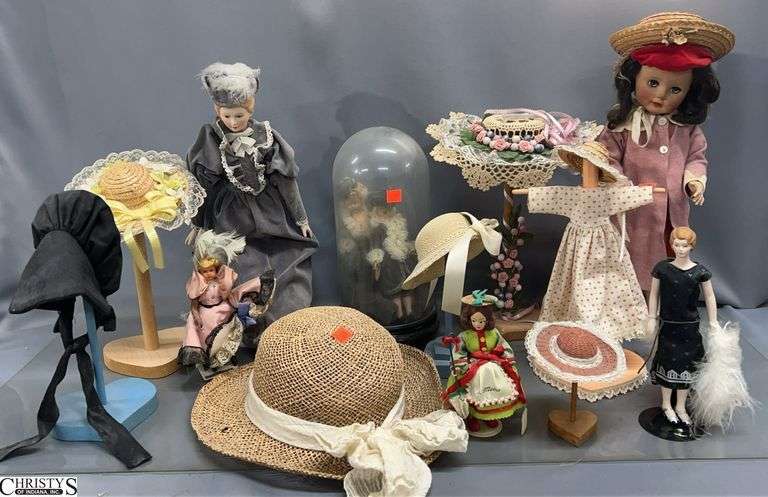 6 Dolls, Wooden Display Stands, Dolls Hats, Misc - 14" of tallest - shows wear/would benefit from a cleaning image