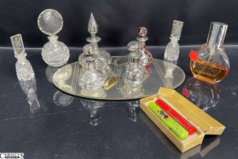 4 Silverplate Cased Perfume Bottles, 3 Glass Perfume Bottles, Etched Mirror Plateau - 11" of mirror image