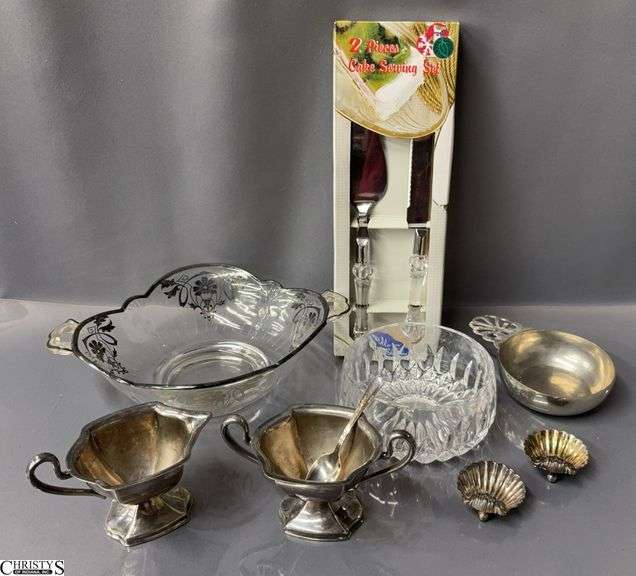 Silverplate and Pewter Cream and Sugar, Salts, Dish - Cake Serving Set - Glass Bowls - 12" of knife image