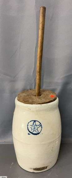 2 Gallon Butter Churn Crock - 27" T overall - visible cracking throughout image