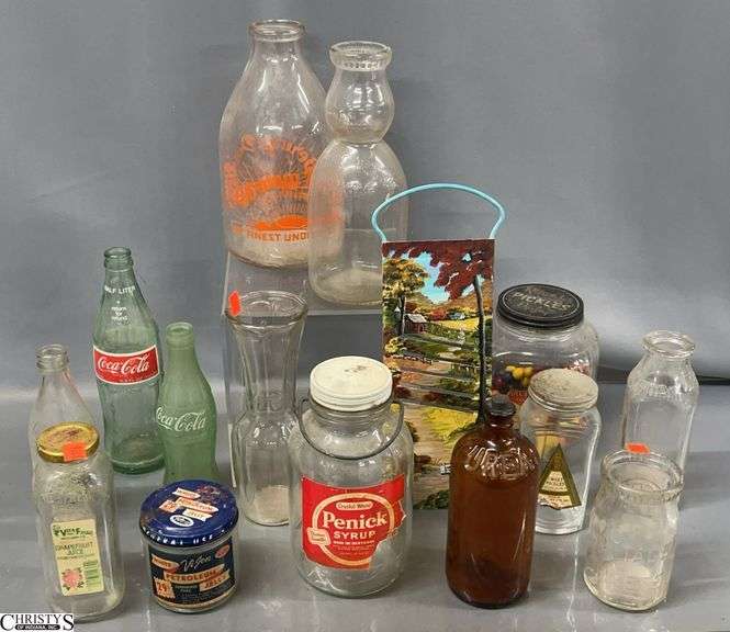 Vintage Glass Milk, Coca Cola, Food Stuff Jars - 9" of tallest - some wear image