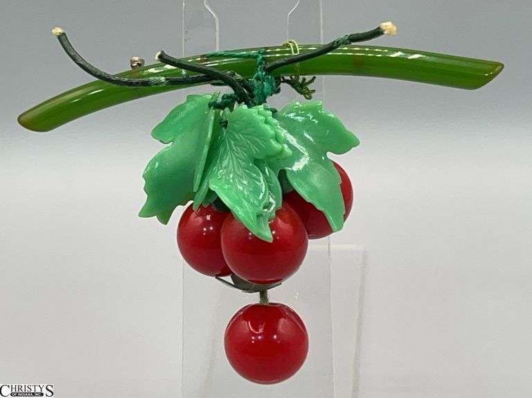 Vintage Red Bakelite Cherry Brooch, Appears to Be Missing 2 Cherries image