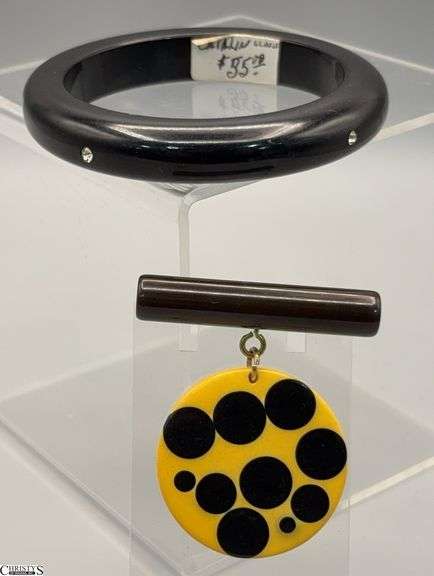 2pcs Retro Drop Pin Black and Yellow Signed Jim Foltz, Bangle Marked Catalin Black With Rhinestone Accents image